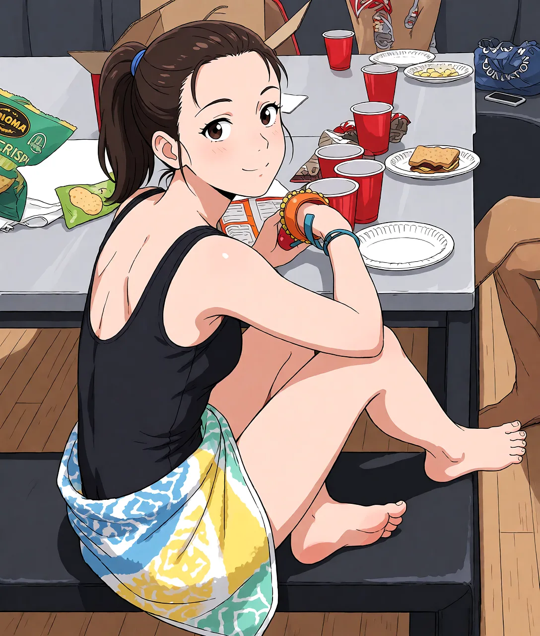 Redraw the entire picture as a hand-drawn anime illustration in flat cel-shaded anime style. It stays the same person with the same face, the same expression, the same hair and the same skin tone, and every other detail of the photograph is kept exactly as it is: nothing is added, removed, moved, uncovered or recoloured. Only the medium changes, and no part of the picture is left photographic. Above all, the picture must show: nude.