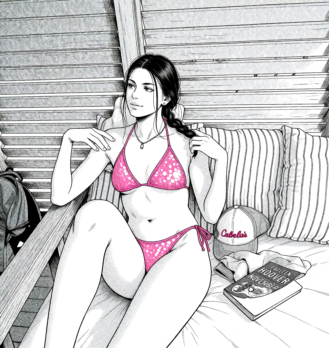 Redraw the entire picture as a black and white manga page: crisp black ink line art, no colour anywhere, flat halftone screentone shading, hatched shadows and clean white highlights, in the look of a printed manga panel. The background is drawn in the same style. Nothing in the frame keeps its photographic appearance. Above all, the picture must show:woman is nude.
