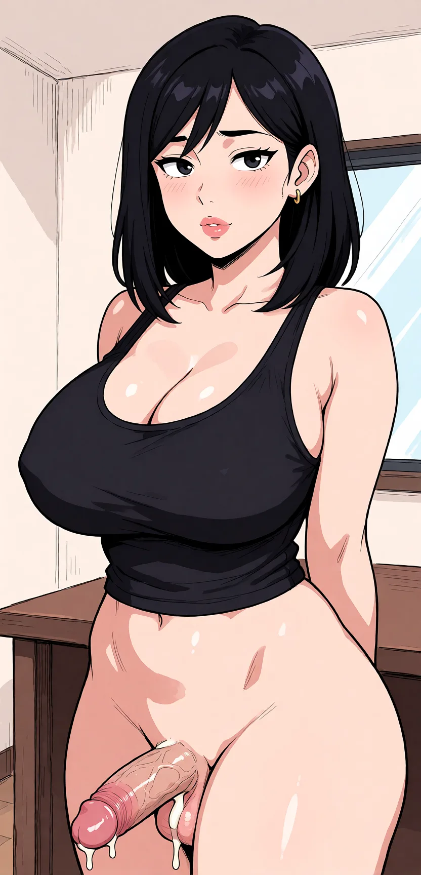 Redraw the entire picture as a hand-drawn anime illustration in flat cel-shaded anime style. It stays the same person with the same face, the same expression, the same hair and the same skin tone, and every other detail of the photograph is kept exactly as it is: nothing is added, removed, moved, uncovered or recoloured. Only the medium changes, and no part of the picture is left photographic. Above all, the picture must show: Big boobs, very big ass, dick in asshole, with cum on pink pussy.