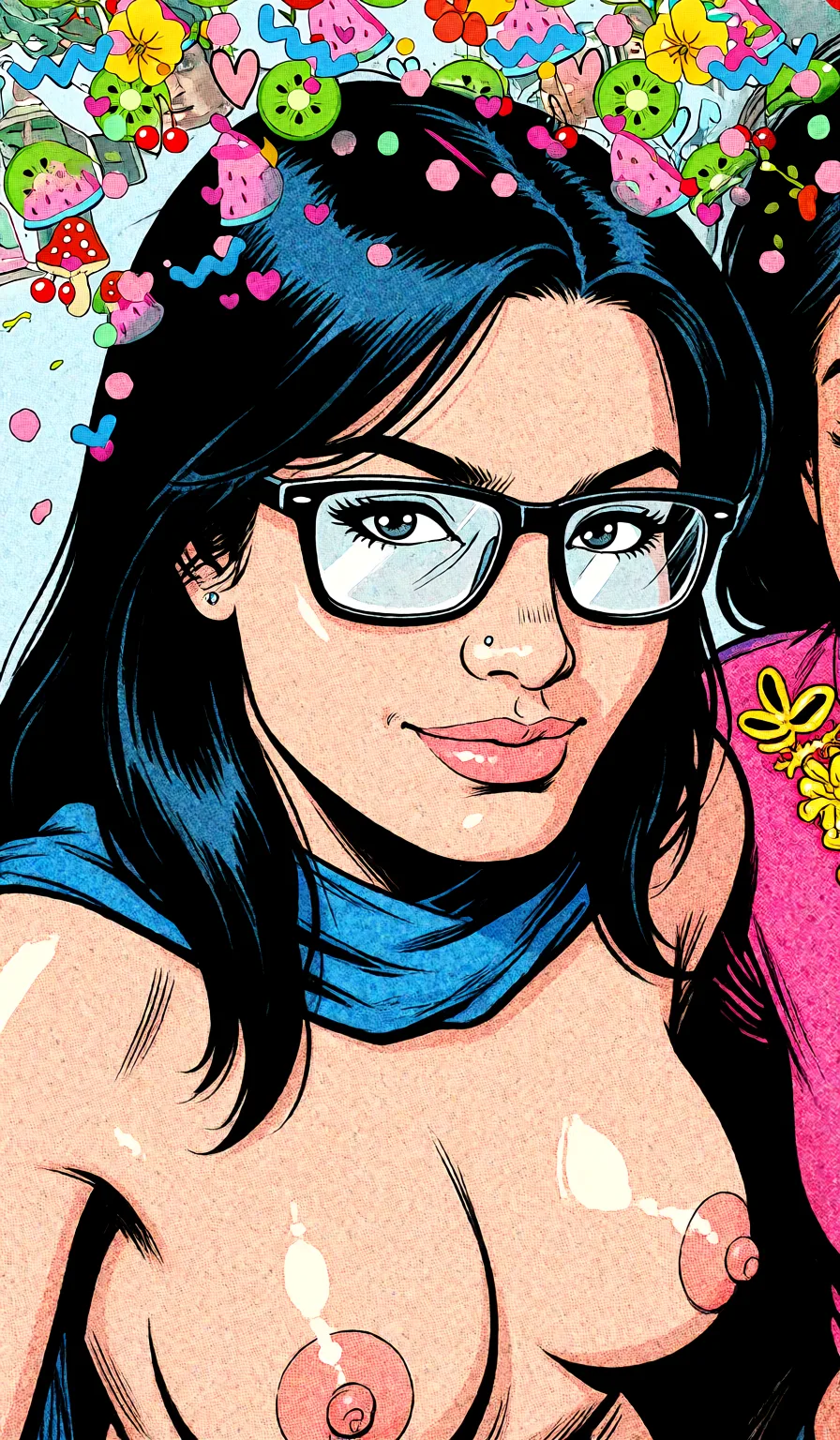 Redraw the entire picture as western comic-book art: heavy black inked outlines, hard-edged cel shading, limited high-contrast colour and visible halftone dot texture. The background is drawn in the same style. Nothing in the frame keeps its photographic appearance. Above all, the picture must show: Hot sexy nude.