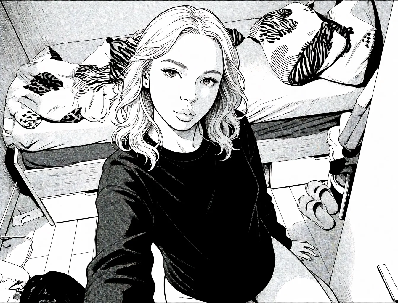 Redraw the entire picture as a black and white manga page: crisp black ink line art, no colour anywhere, flat halftone screentone shading, hatched shadows and clean white highlights, in the look of a printed manga panel. The background is drawn in the same style. Nothing in the frame keeps its photographic appearance. Above all, the picture must show: Sex naked_shirt.