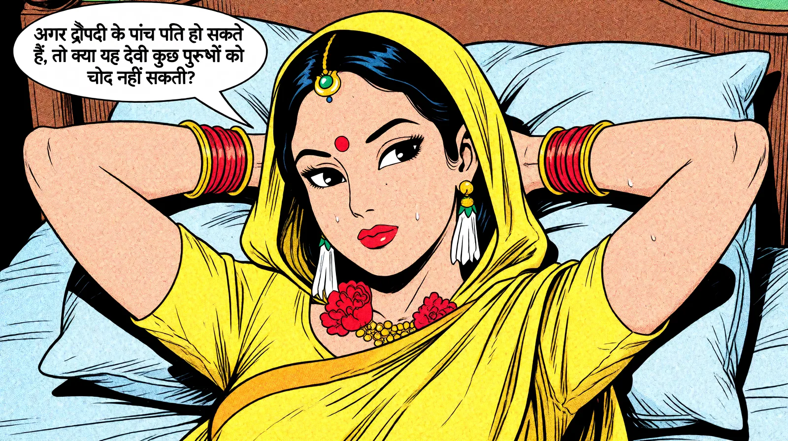 Redraw the entire picture as western comic-book art: heavy black inked outlines, hard-edged cel shading, limited high-contrast colour and visible halftone dot texture. The background is drawn in the same style. Nothing in the frame keeps its photographic appearance. Above all, the picture must show: lPov shot, laying back on a bed with her arms behind her head as she is being fucked. She is saying: अगर द्रौपदी के पांच पति हो सकते हैं, तो क्या यह देवी कुछ पुरुषों को चोद नहीं सकती?