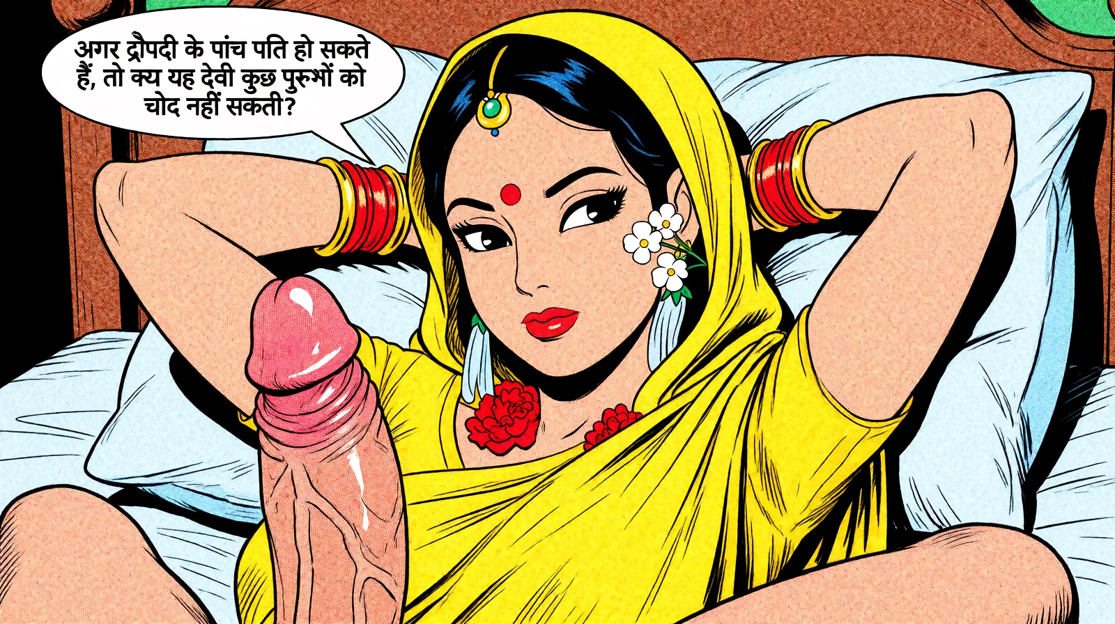 Redraw the entire picture as western comic-book art: heavy black inked outlines, hard-edged cel shading, limited high-contrast colour and visible halftone dot texture. The background is drawn in the same style. Nothing in the frame keeps its photographic appearance. Above all, the picture must show: Pov shot, laying back on a bed with her arms behind her head as she is being fucked by a massive dick. She is saying: अगर द्रौपदी के पांच पति हो सकते हैं, तो क्या यह देवी कुछ पुरुषों को चोद नहीं सकती?