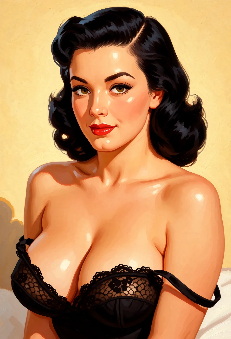 Redraw the entire picture as a retro pin-up illustration: smooth airbrushed gouache paint, warm saturated mid-century colour, clean confident outlines and glamorous stylised features, in the look of a 1950s pin-up poster. The background is painted in the same style. Nothing in the frame keeps its photographic appearance. Above all, the picture must show: Pin-up.