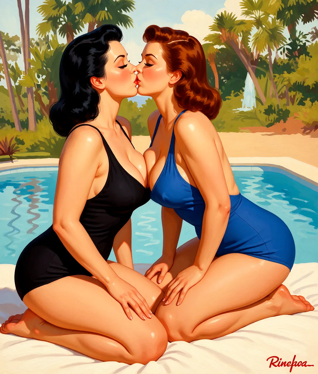 Redraw the entire picture as a retro pin-up illustration: smooth airbrushed gouache paint, warm saturated mid-century colour, clean confident outlines and glamorous stylised features, in the look of a 1950s pin-up poster. The background is painted in the same style. Nothing in the frame keeps its photographic appearance. Above all, the picture must show: nude.