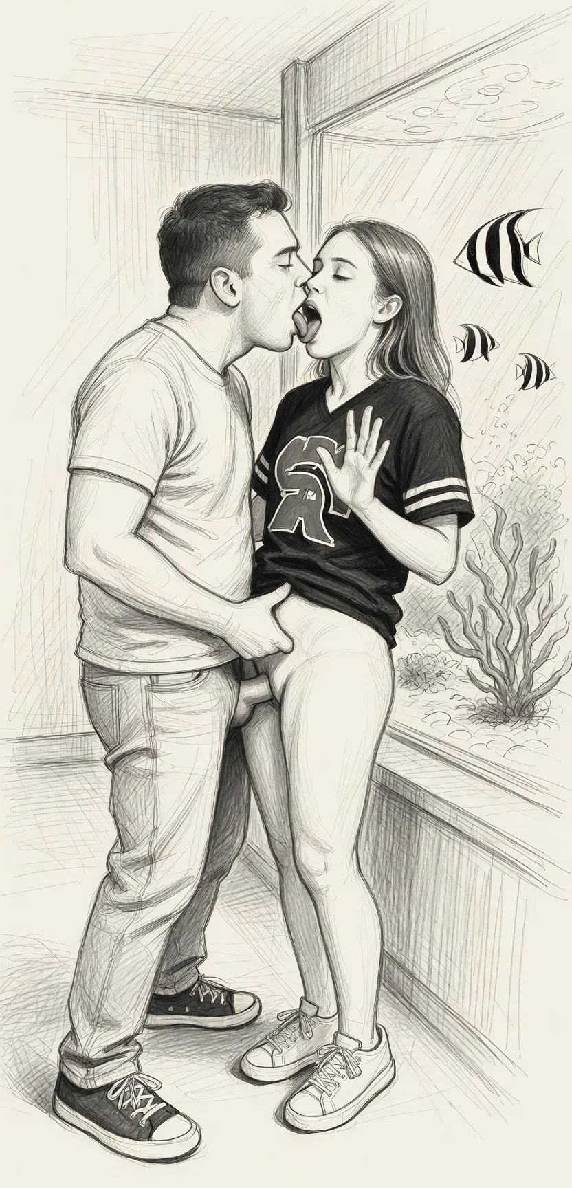 Redraw the entire picture as a hand-drawn graphite sketch on off-white paper: visible pencil strokes, cross-hatched shading, loose construction lines and no colour beyond the grey of the pencil and the tone of the paper. The background is drawn in the same style. Nothing in the frame keeps its photographic appearance. Above all, the picture must show: He is licking her pussy, she is orgasm.