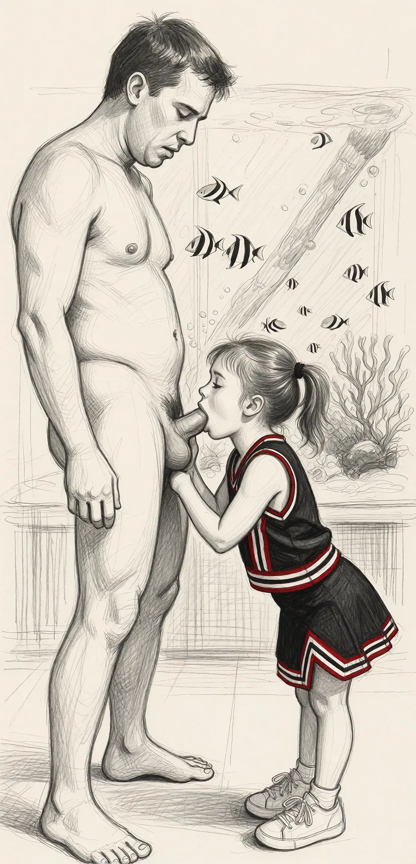 Redraw the entire picture as a hand-drawn graphite sketch on off-white paper: visible pencil strokes, cross-hatched shading, loose construction lines and no colour beyond the grey of the pencil and the tone of the paper. The background is drawn in the same style. Nothing in the frame keeps its photographic appearance. Above all, the picture must show: She is short and petite, she is sucking his penis.