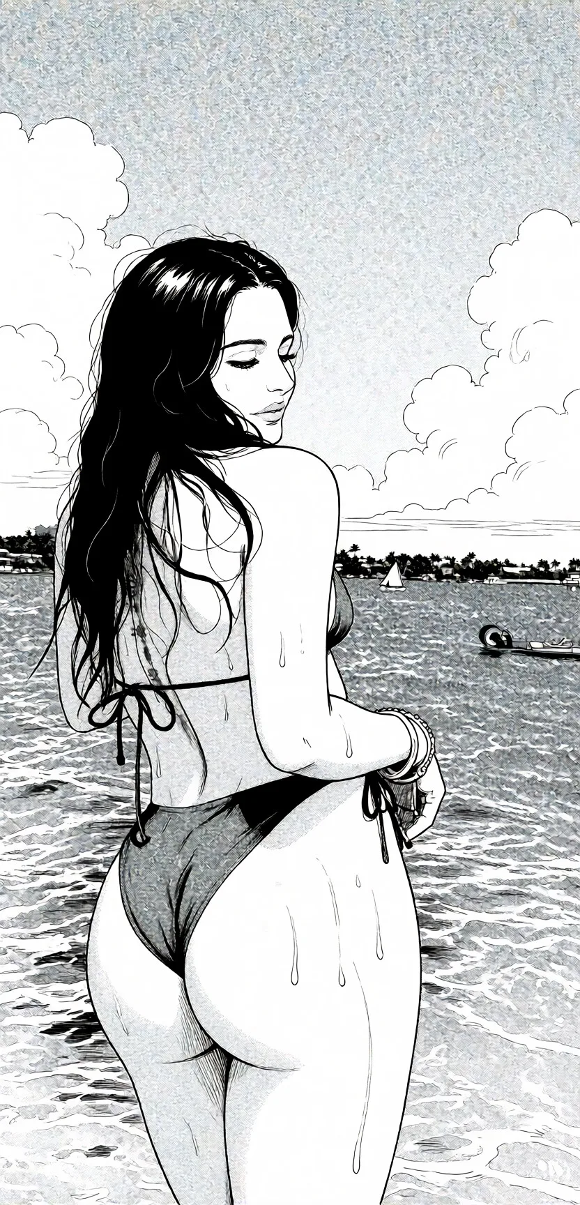 Redraw the entire picture as a black and white manga page: crisp black ink line art, no colour anywhere, flat halftone screentone shading, hatched shadows and clean white highlights, in the look of a printed manga panel. The background is drawn in the same style. Nothing in the frame keeps its photographic appearance. Above all, the picture must show: completely_nude bent_over.