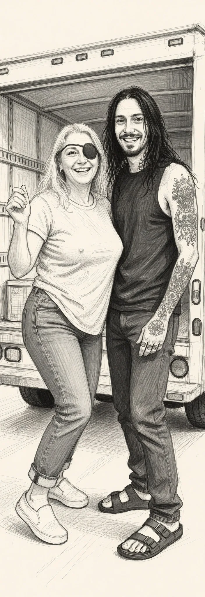 Redraw the entire picture as a hand-drawn graphite sketch on off-white paper: visible pencil strokes, cross-hatched shading, loose construction lines and no colour beyond the grey of the pencil and the tone of the paper. The background is drawn in the same style. Nothing in the frame keeps its photographic appearance. Above all, the picture must show: The older mature 60 year old blonde woman with sagging 60 year old titties with huge nipples is in the back of an open box truck and is smiling and dancing eroticly shaking her titties and big butt for a smiling tall skinny drug addict with long stringy and greasy black hair and tattoos all over his arms.