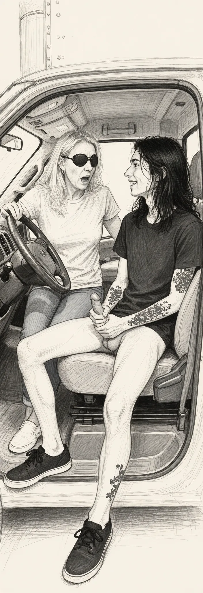 Redraw the entire picture as a hand-drawn graphite sketch on off-white paper: visible pencil strokes, cross-hatched shading, loose construction lines and no colour beyond the grey of the pencil and the tone of the paper. The background is drawn in the same style. Nothing in the frame keeps its photographic appearance. Above all, the picture must show: The blonde older mature 60 year old woman with sagging 60 year old titties with huge nipples is wearing a T-shirt and jeans and is sitting in driver's seat in the cab of box truck looking down towards the passenger seat in shocked horny anticipation as a tall skinny 18 year old drug addict boy with long stringy and greasy black hair and covered in tattoos sitting in the passenger seat is pulling his 15 I inch real skinny veiny penis with a huge swollen purple head out of his shorts with one hand and smiling at her.