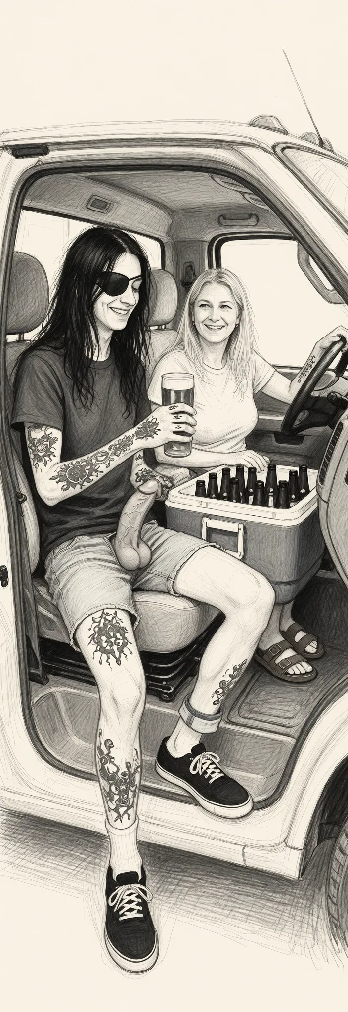 Redraw the entire picture as a hand-drawn graphite sketch on off-white paper: visible pencil strokes, cross-hatched shading, loose construction lines and no colour beyond the grey of the pencil and the tone of the paper. The background is drawn in the same style. Nothing in the frame keeps its photographic appearance. Above all, the picture must show: A tall skinny 18 year old drug addict with long stringy and greasy black haur and covered in tattoos and is sitting in the passenger side of the cab of a box truck with the bulbous mushroom looking purple head of his 15 inch veiny penis sticking out of the top of his tab shorts with a cooler full of beer beside him and he has taken a beer out is offering it to the smiling blonde older mature 60 year old woman with sagging 60 year old titties with huge nipples that is sitting on the other side of the cooler in the driver's seat of the truck and is driving.