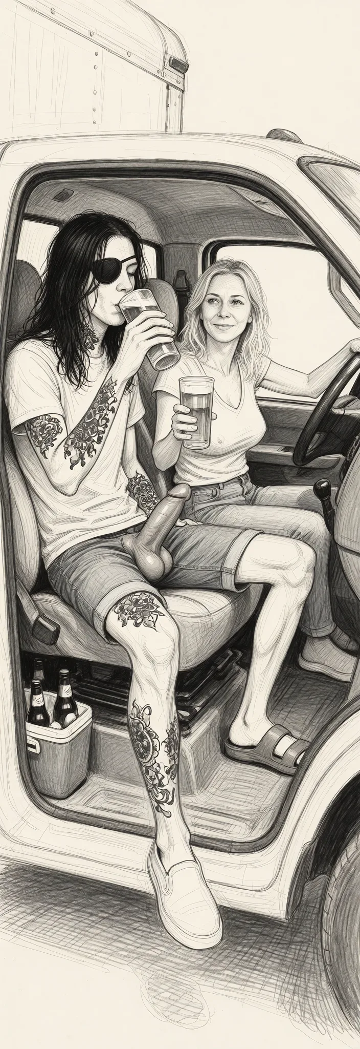 Redraw the entire picture as a hand-drawn graphite sketch on off-white paper: visible pencil strokes, cross-hatched shading, loose construction lines and no colour beyond the grey of the pencil and the tone of the paper. The background is drawn in the same style. Nothing in the frame keeps its photographic appearance. Above all, the picture must show: A tall skinny 18 year old drug addict boy with long stringy and greasy black hair and covered in tattoos dressed in shorts and a T-shirt is sitting in the passenger side of the cab of a box truck with the huge mushroom looking bulbous purple head of his very skinny and veiny penis peeking out over the top his shorts with a cooler of beer beside him. He is drinking a beer with one hand and handing the horny looking blonde older mature 60 year old woman with sagging 60 year old titties with huge nipples wearya t-shirt and jeans and driving the truck a beer as they drive down the road.