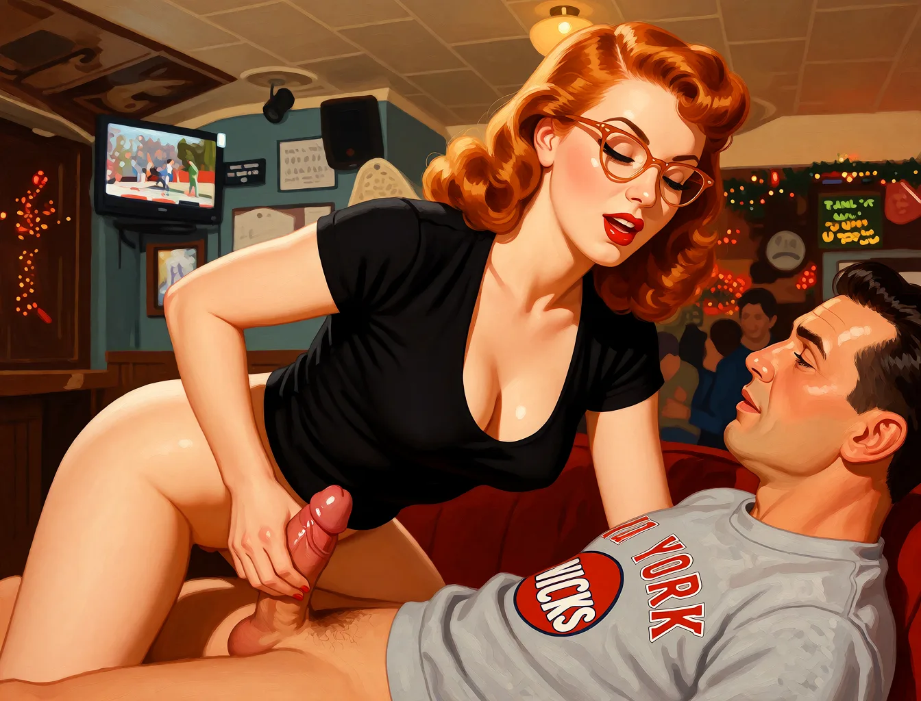 Redraw the entire picture as a retro pin-up illustration: smooth airbrushed gouache paint, warm saturated mid-century colour, clean confident outlines and glamorous stylised features, in the look of a 1950s pin-up poster. The background is painted in the same style. Nothing in the frame keeps its photographic appearance. Above all, the picture must show: The woman is naked and about to go down on the man.