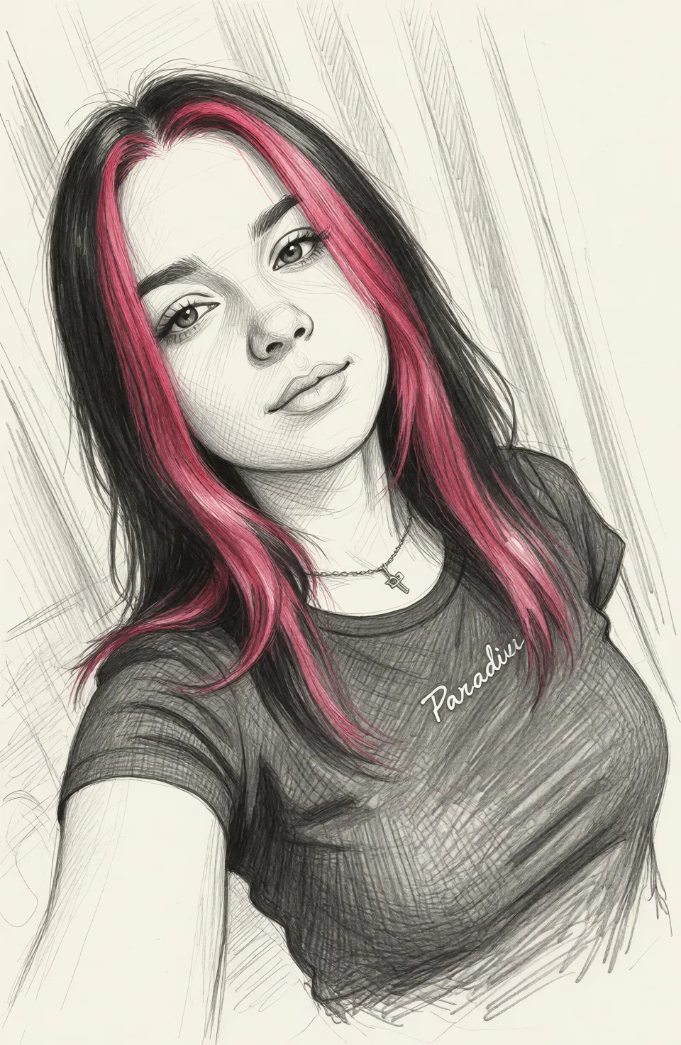 Redraw the entire picture as a hand-drawn graphite sketch on off-white paper: visible pencil strokes, cross-hatched shading, loose construction lines and no colour beyond the grey of the pencil and the tone of the paper. The background is drawn in the same style. Nothing in the frame keeps its photographic appearance. Above all, the picture must show: Показывает свои сиьки 4 размера.