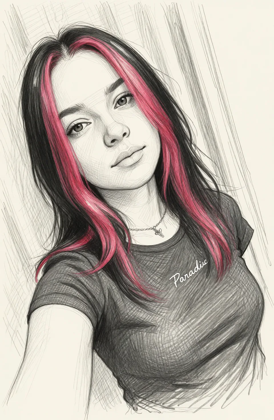 Redraw the entire picture as a hand-drawn graphite sketch on off-white paper: visible pencil strokes, cross-hatched shading, loose construction lines and no colour beyond the grey of the pencil and the tone of the paper. The background is drawn in the same style. Nothing in the frame keeps its photographic appearance. Above all, the picture must show: Девушка на фото показывает свои сиьски голые 4 размера.