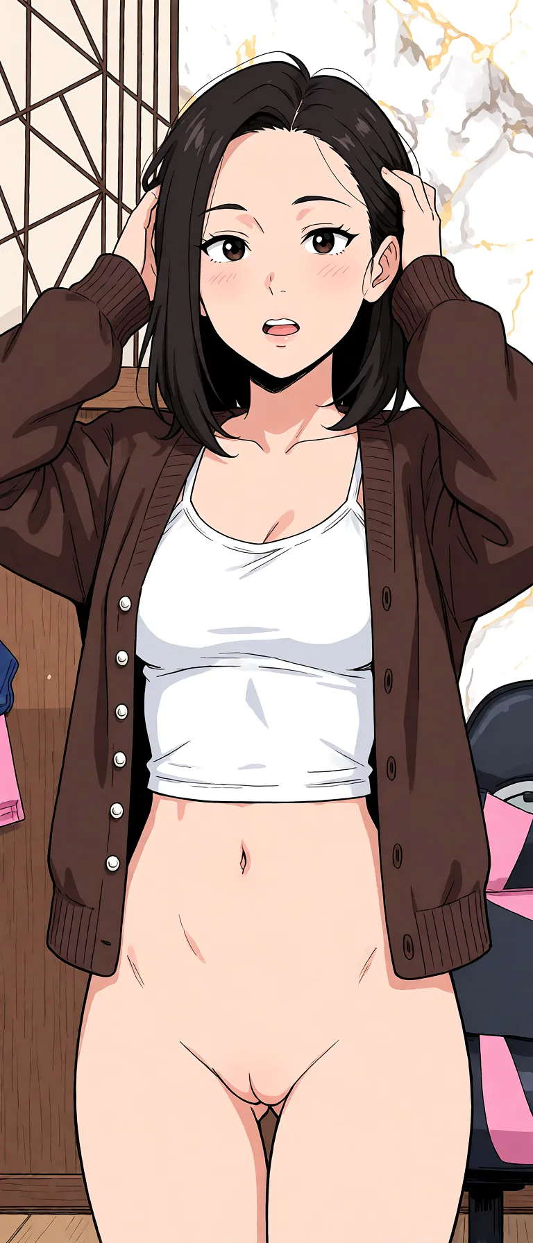 Redraw the entire picture as a hand-drawn anime illustration in flat cel-shaded anime style. It stays the same person with the same face, the same expression, the same hair and the same skin tone, and every other detail of the photograph is kept exactly as it is: nothing is added, removed, moved, uncovered or recoloured. Only the medium changes, and no part of the picture is left photographic. Above all, the picture must show: Lepas celana.