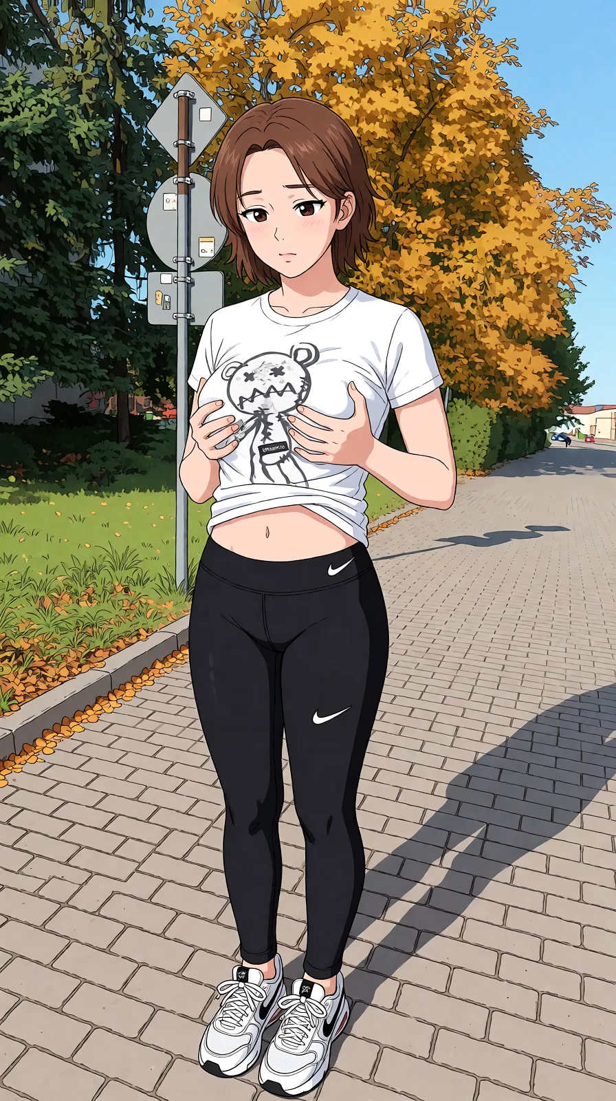 Redraw the entire picture as a hand-drawn anime illustration in flat cel-shaded anime style. It stays the same person with the same face, the same expression, the same hair and the same skin tone, and every other detail of the photograph is kept exactly as it is: nothing is added, removed, moved, uncovered or recoloured. Only the medium changes, and no part of the picture is left photographic. Above all, the picture must show: grabbing_another's_breast cum_on_body clothes_lift group_sex.