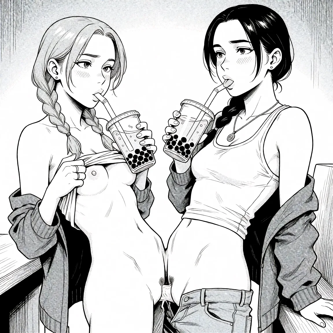 Redraw the entire picture as a black and white manga page: crisp black ink line art, no colour anywhere, flat halftone screentone shading, hatched shadows and clean white highlights, in the look of a printed manga panel. The background is drawn in the same style. Nothing in the frame keeps its photographic appearance. Above all, the picture must show: Bolth women take off cloths and the woman on the left has sex woth the shemal on the right. hole boddy pic.