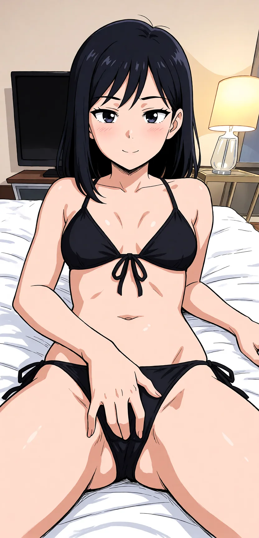 Redraw the entire picture as a hand-drawn anime illustration in flat cel-shaded anime style. It stays the same person with the same face, the same expression, the same hair and the same skin tone, and every other detail of the photograph is kept exactly as it is: nothing is added, removed, moved, uncovered or recoloured. Only the medium changes, and no part of the picture is left photographic. Above all, the picture must show: Her fingering.