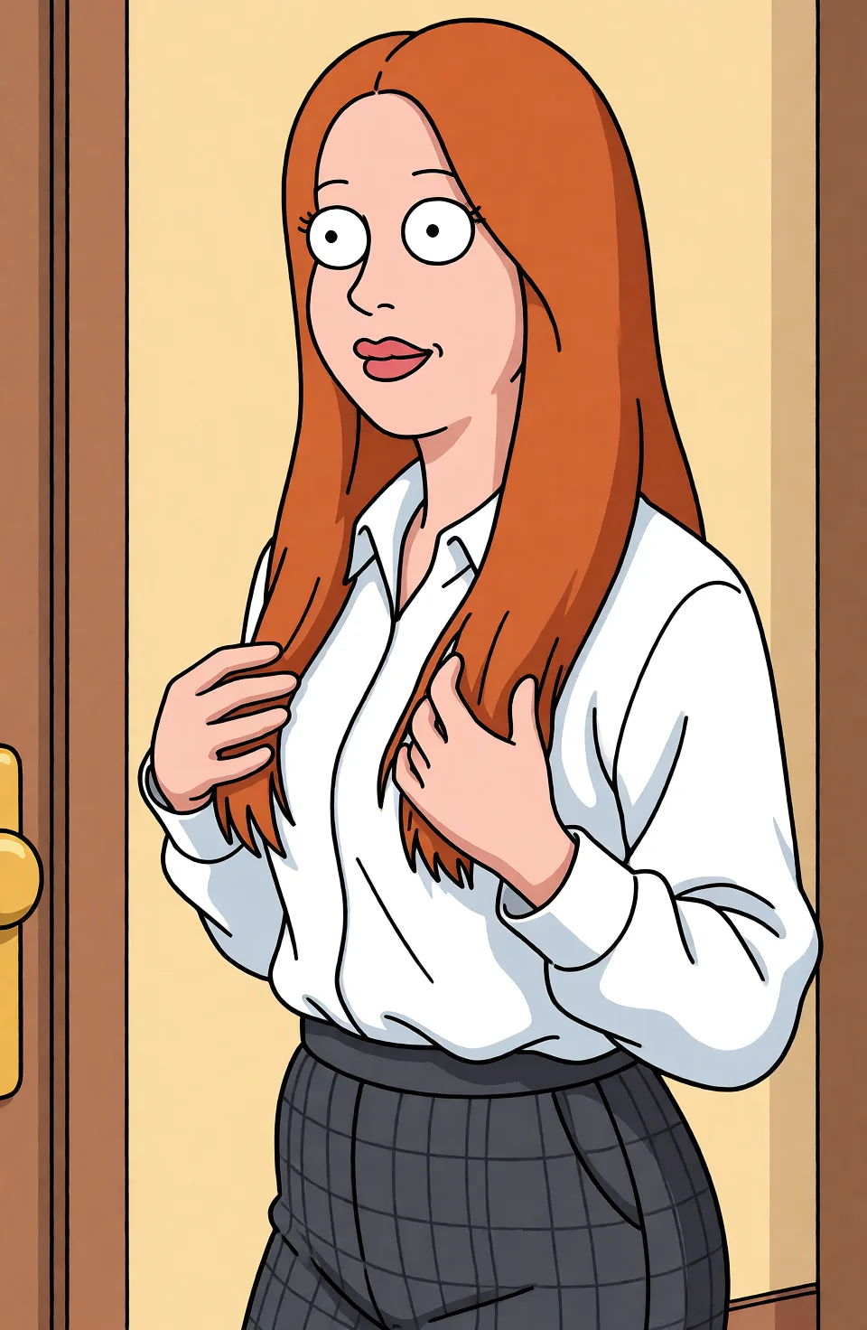 Redraw the entire picture as a western animated cartoon cel: thick even outlines, flat bright blocks of colour, simplified rounded shapes and hard-edged shadows, in the look of a television cartoon rather than of a camera. Keep the woman's adult proportions and adult figure exactly as they are; only the drawing style changes. The background is drawn in the same style. Nothing in the frame keeps its photographic appearance. Above all, the picture must show: sex_from_behind.