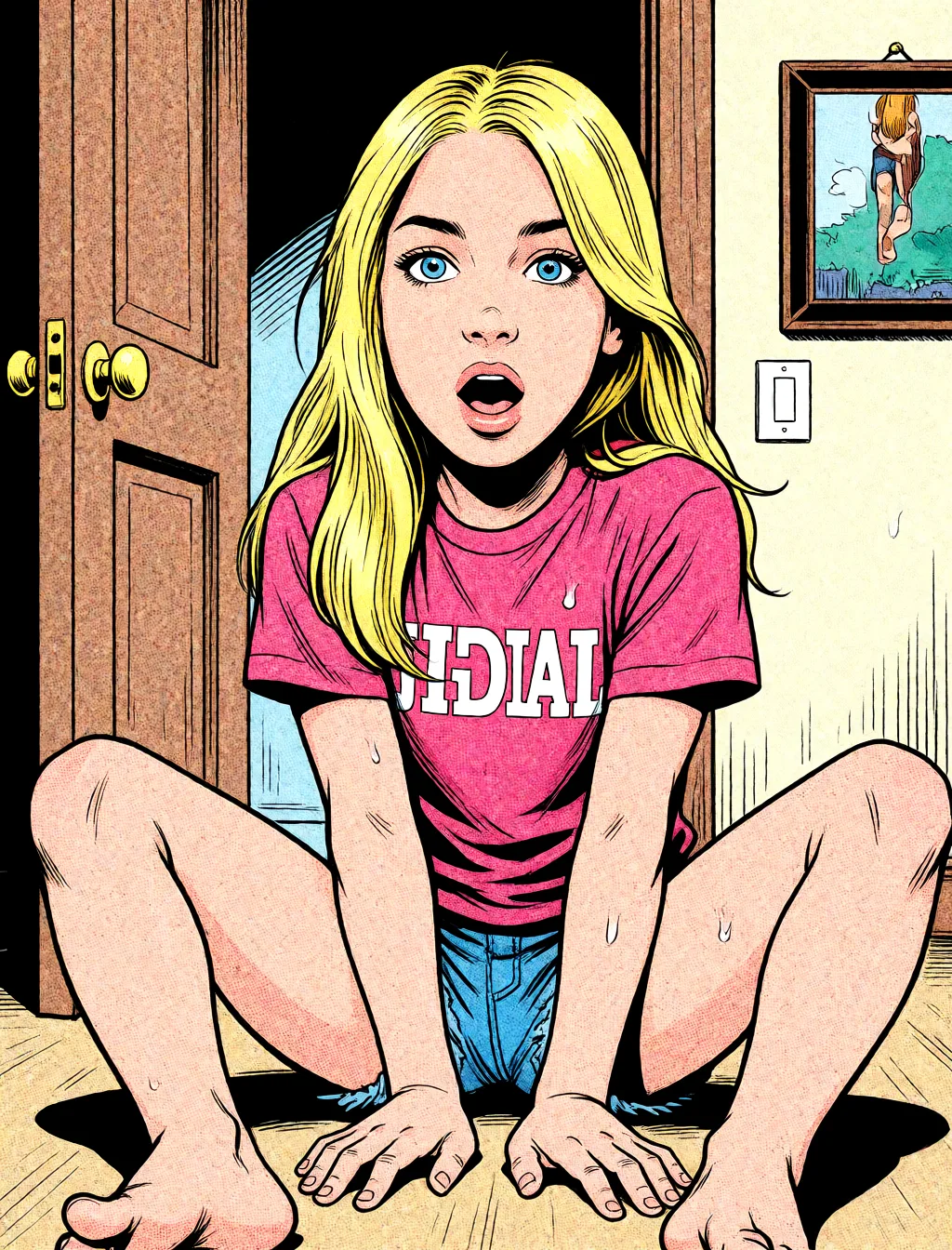 Redraw the entire picture as western comic-book art: heavy black inked outlines, hard-edged cel shading, limited high-contrast colour and visible halftone dot texture. The background is drawn in the same style. Nothing in the frame keeps its photographic appearance. Above all, the picture must show: sitting spread_legs.
