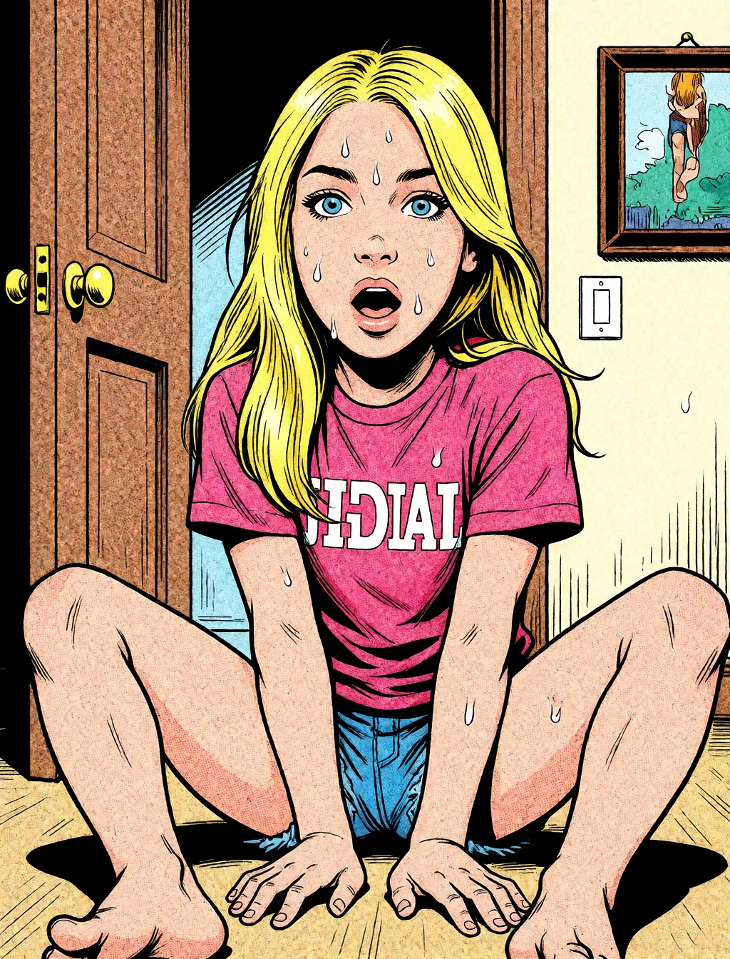 Redraw the entire picture as western comic-book art: heavy black inked outlines, hard-edged cel shading, limited high-contrast colour and visible halftone dot texture. The background is drawn in the same style. Nothing in the frame keeps its photographic appearance. Above all, the picture must show: nude anal cowgirl_position.