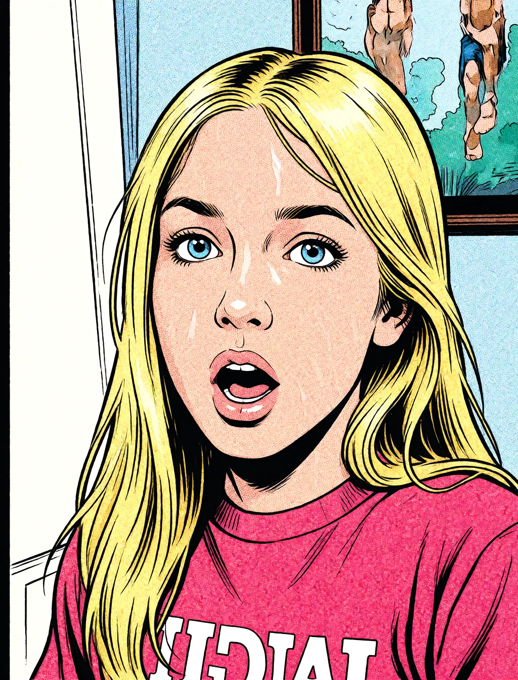 Redraw the entire picture as western comic-book art: heavy black inked outlines, hard-edged cel shading, limited high-contrast colour and visible halftone dot texture. The background is drawn in the same style. Nothing in the frame keeps its photographic appearance. Above all, the picture must show: smelling dark_skin large_penis.