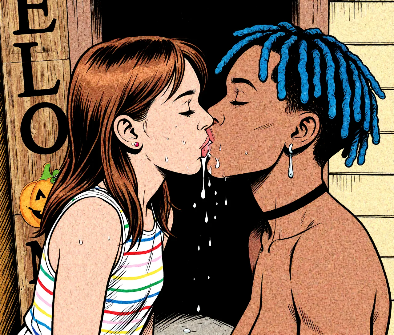 Redraw the entire picture as western comic-book art: heavy black inked outlines, hard-edged cel shading, limited high-contrast colour and visible halftone dot texture. The background is drawn in the same style. Nothing in the frame keeps its photographic appearance. Above all, the picture must show: french_kiss.
