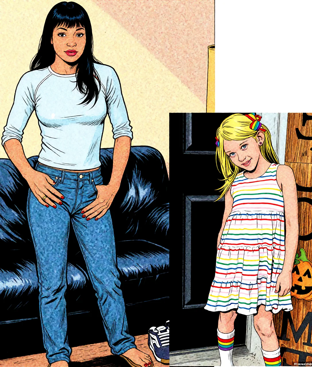 Redraw the entire picture as western comic-book art: heavy black inked outlines, hard-edged cel shading, limited high-contrast colour and visible halftone dot texture. The background is drawn in the same style. Nothing in the frame keeps its photographic appearance. Above all, the picture must show: french_kiss.