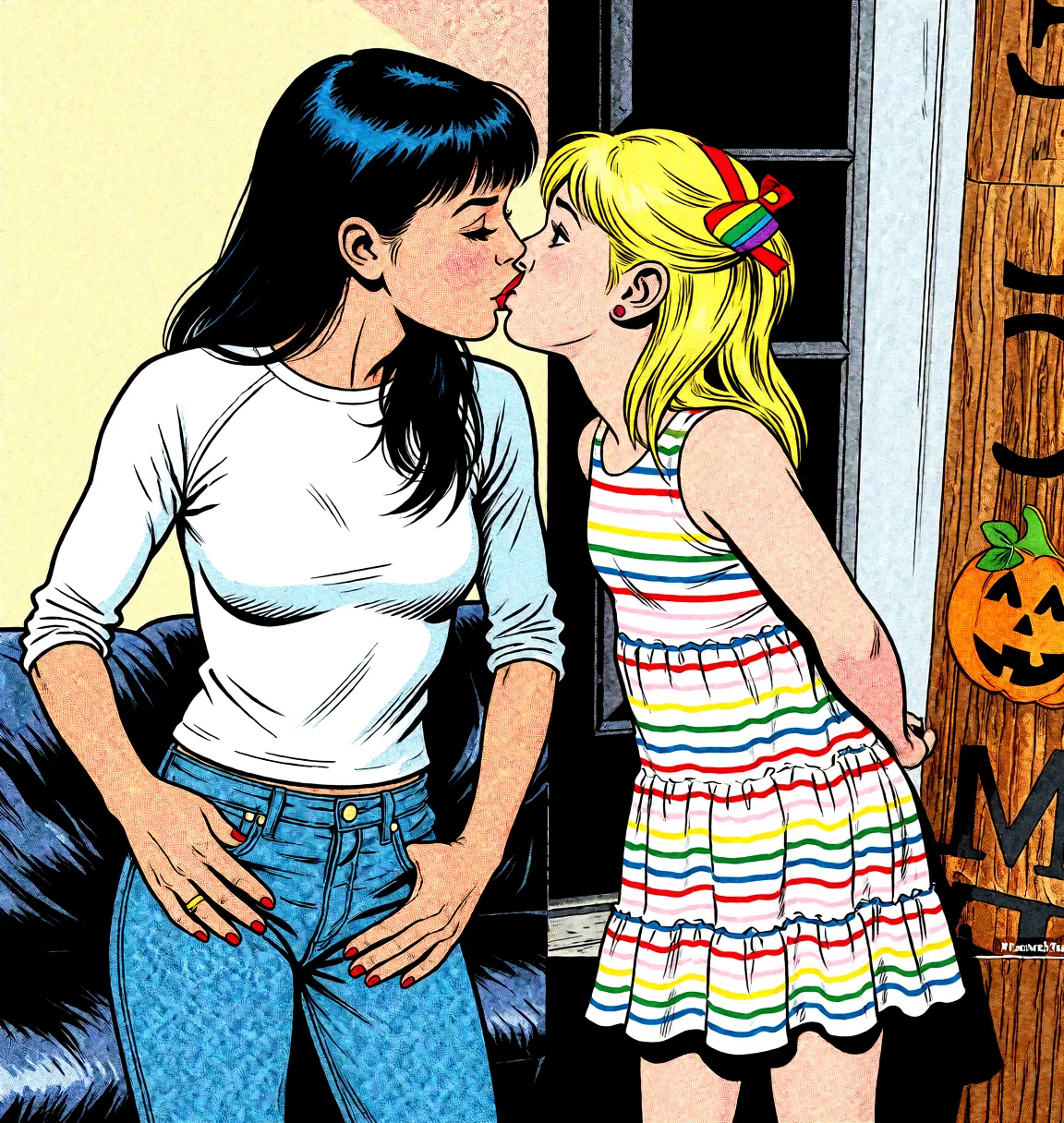 Redraw the entire picture as western comic-book art: heavy black inked outlines, hard-edged cel shading, limited high-contrast colour and visible halftone dot texture. The background is drawn in the same style. Nothing in the frame keeps its photographic appearance. Above all, the picture must show: french_kiss.