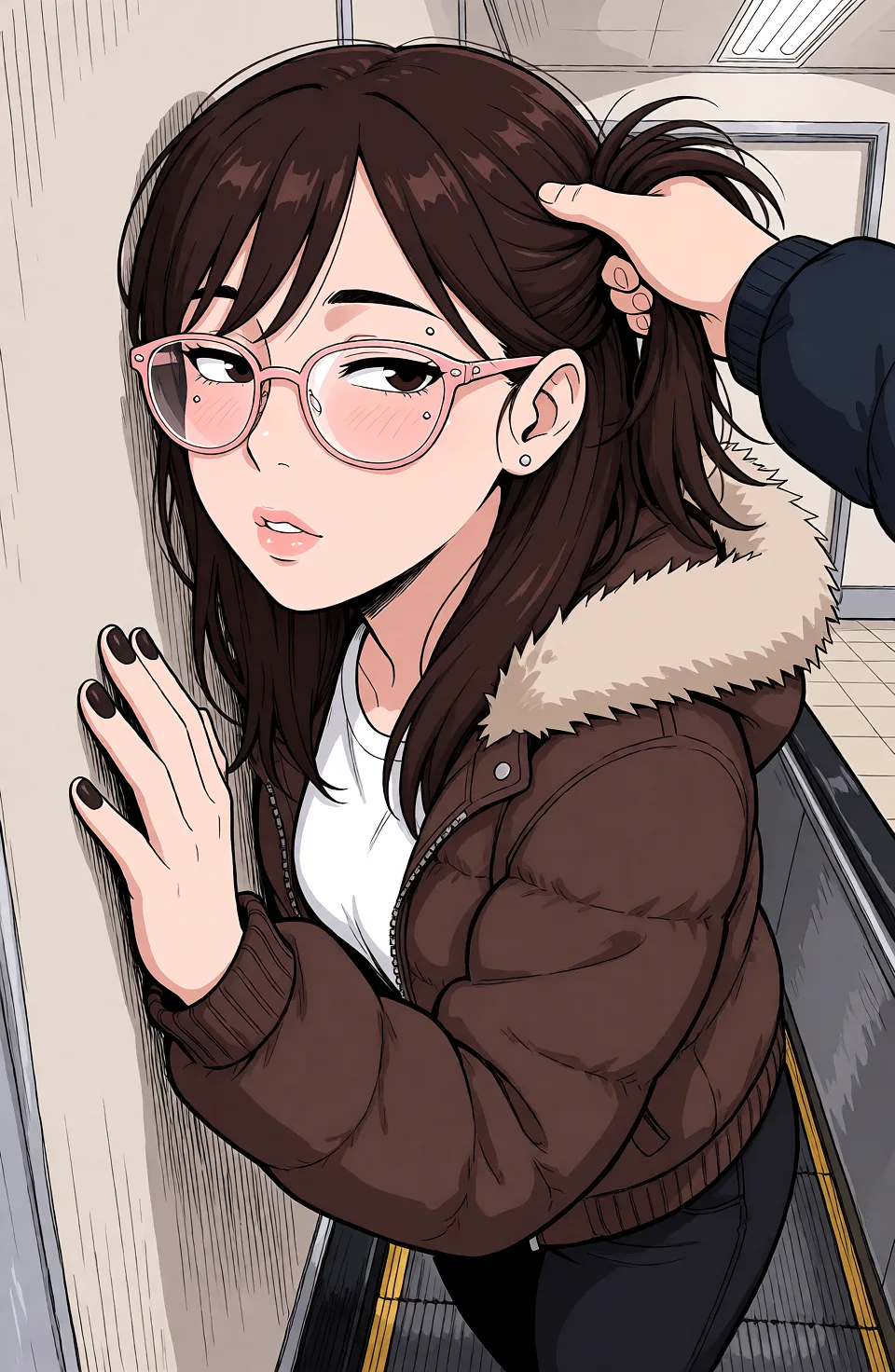 Redraw the entire picture as a hand-drawn anime illustration in flat cel-shaded anime style. It stays the same person with the same face, the same expression, the same hair and the same skin tone, and every other detail of the photograph is kept exactly as it is: nothing is added, removed, moved, uncovered or recoloured. Only the medium changes, and no part of the picture is left photographic. Above all, the picture must show: A woman is fucked against a wall while being held by her hair.