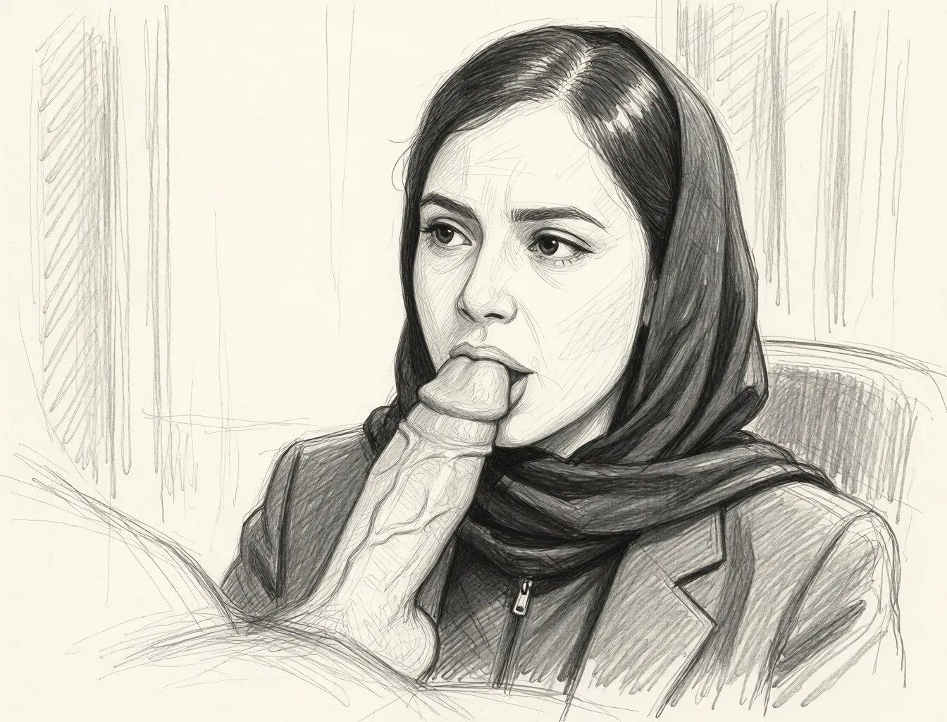 Redraw the entire picture as a hand-drawn graphite sketch on off-white paper: visible pencil strokes, cross-hatched shading, loose construction lines and no colour beyond the grey of the pencil and the tone of the paper. The background is drawn in the same style. Nothing in the frame keeps its photographic appearance. Above all, the picture must show: Blowjob.