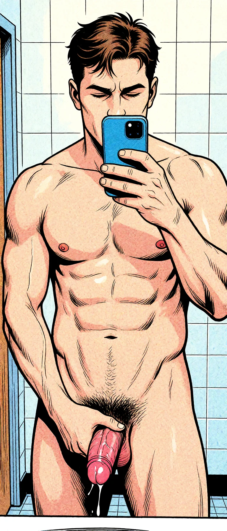 Redraw the entire picture as western comic-book art: heavy black inked outlines, hard-edged cel shading, limited high-contrast colour and visible halftone dot texture. The background is drawn in the same style. Nothing in the frame keeps its photographic appearance. Above all, the picture must show: dude masturbate his penis.