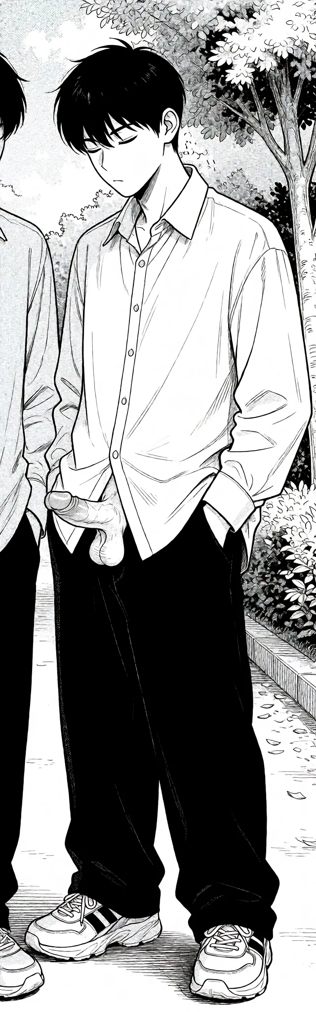 Redraw the entire picture as a black and white manga page: crisp black ink line art, no colour anywhere, flat halftone screentone shading, hatched shadows and clean white highlights, in the look of a printed manga panel. The background is drawn in the same style. Nothing in the frame keeps its photographic appearance. Above all, the picture must show: dude masturbate his penis, absolutely naked_shirt.