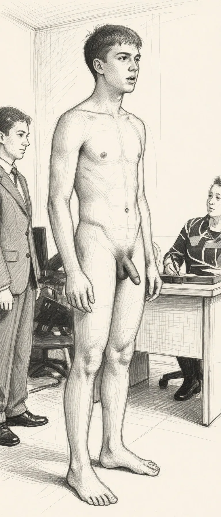 Redraw the entire picture as a hand-drawn graphite sketch on off-white paper: visible pencil strokes, cross-hatched shading, loose construction lines and no colour beyond the grey of the pencil and the tone of the paper. The background is drawn in the same style. Nothing in the frame keeps its photographic appearance. Above all, the picture must show: dude absolutely nude.