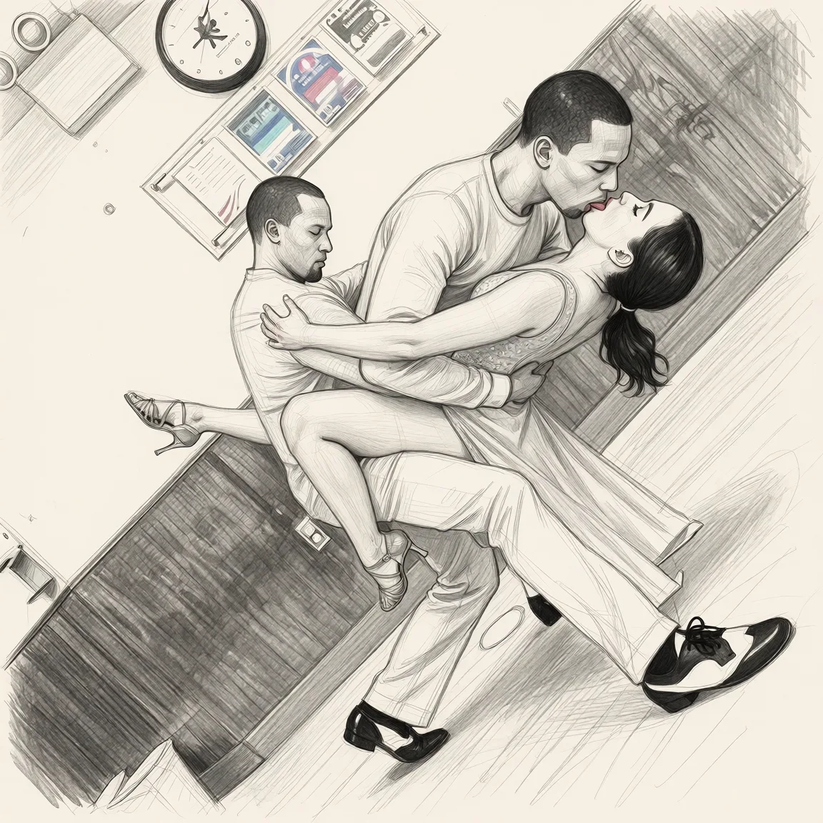 Redraw the entire picture as a hand-drawn graphite sketch on off-white paper: visible pencil strokes, cross-hatched shading, loose construction lines and no colour beyond the grey of the pencil and the tone of the paper. The background is drawn in the same style. Nothing in the frame keeps its photographic appearance. Above all, the picture must show: Tongue Kissing and Fucking in Doggystyle position.
