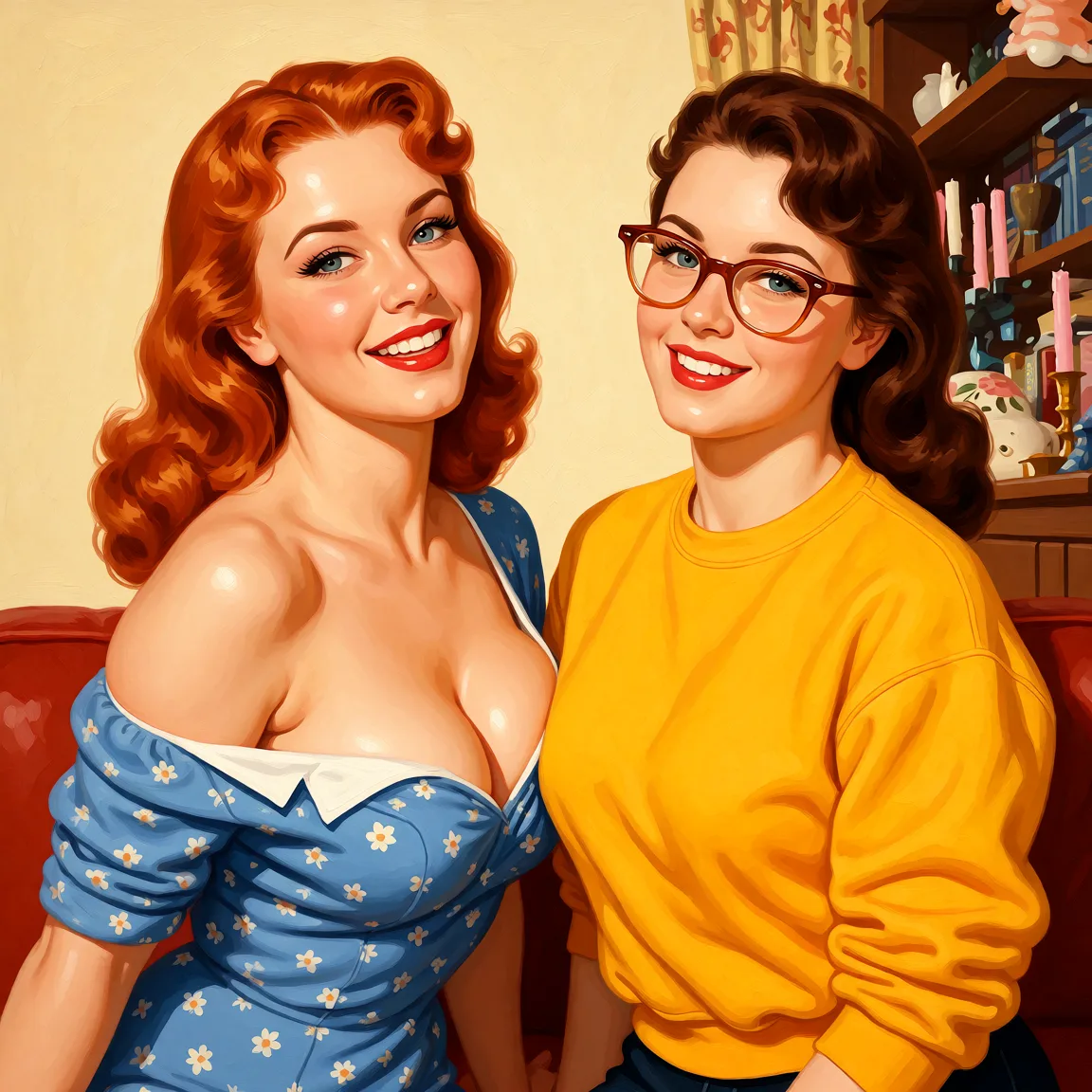 Redraw the entire picture as a retro pin-up illustration: smooth airbrushed gouache paint, warm saturated mid-century colour, clean confident outlines and glamorous stylised features, in the look of a 1950s pin-up poster. The background is painted in the same style. Nothing in the frame keeps its photographic appearance. Above all, the picture must show: the women squeeze each others' breasts while smiling.