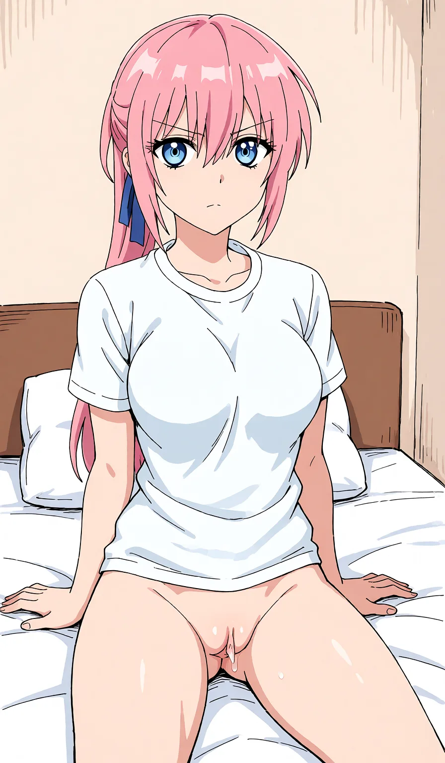 Redraw the entire picture as a hand-drawn anime illustration in flat cel-shaded anime style. It stays the same person with the same face, the same expression, the same hair and the same skin tone, and every other detail of the photograph is kept exactly as it is: nothing is added, removed, moved, uncovered or recoloured. Only the medium changes, and no part of the picture is left photographic. Above all, the picture must show: naked, futanari, on bed.