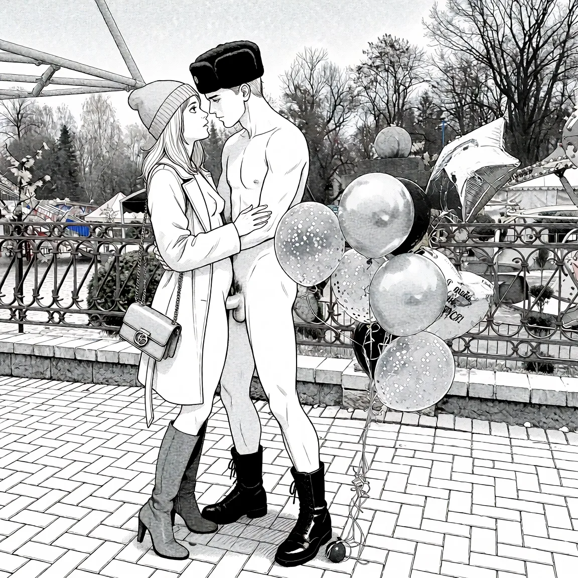 Redraw the entire picture as a black and white manga page: crisp black ink line art, no colour anywhere, flat halftone screentone shading, hatched shadows and clean white highlights, in the look of a printed manga panel. The background is drawn in the same style. Nothing in the frame keeps its photographic appearance. Above all, the picture must show: Сохраните оригинальное лицо точно так, как показано на референсном изображении.Сохраните позу человека без изменений.Замените текущую одежду на безодежды.пара занимается сексом.