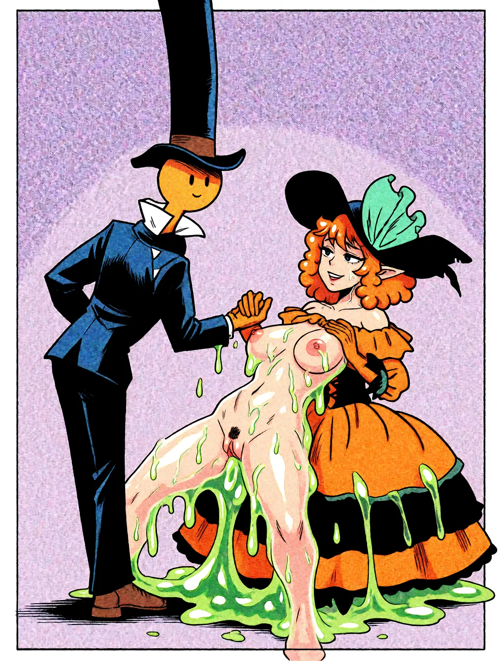 Redraw the entire picture as western comic-book art: heavy black inked outlines, hard-edged cel shading, limited high-contrast colour and visible halftone dot texture. The background is drawn in the same style. Nothing in the frame keeps its photographic appearance. Above all, the picture must show: gooey slime woman anime, transparent body, pussy visible inside, seductive_smile, nude, doggystyle, slime.