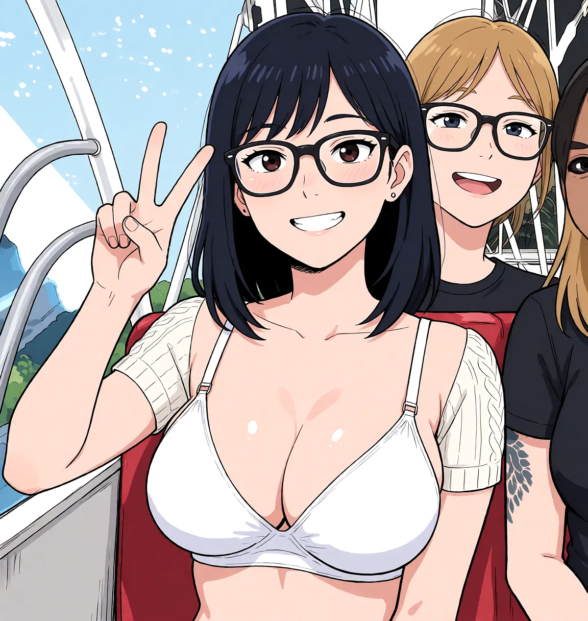 Redraw the entire picture as a hand-drawn anime illustration in flat cel-shaded anime style. It stays the same person with the same face, the same expression, the same hair and the same skin tone, and every other detail of the photograph is kept exactly as it is: nothing is added, removed, moved, uncovered or recoloured. Only the medium changes, and no part of the picture is left photographic. Above all, the picture must show: Wearing only a white bra with medium big boobs.