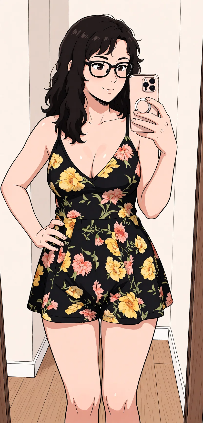 Redraw the entire picture as a hand-drawn anime illustration in flat cel-shaded anime style. It stays the same person with the same face, the same expression, the same hair and the same skin tone, and every other detail of the photograph is kept exactly as it is: nothing is added, removed, moved, uncovered or recoloured. Only the medium changes, and no part of the picture is left photographic. Above all, the picture must show: naked_shirt.