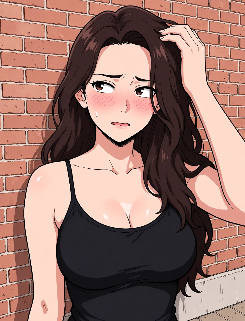 Redraw the entire picture as a hand-drawn anime illustration in flat cel-shaded anime style. It stays the same person with the same face, the same expression, the same hair and the same skin tone, and every other detail of the photograph is kept exactly as it is: nothing is added, removed, moved, uncovered or recoloured. Only the medium changes, and no part of the picture is left photographic. Above all, the picture must show: nose_blush, flustered, breasts out.