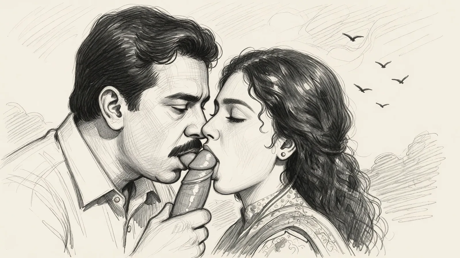 Redraw the entire picture as a hand-drawn graphite sketch on off-white paper: visible pencil strokes, cross-hatched shading, loose construction lines and no colour beyond the grey of the pencil and the tone of the paper. The background is drawn in the same style. Nothing in the frame keeps its photographic appearance. Above all, the picture must show: The man put his cock on the woman's mouth.