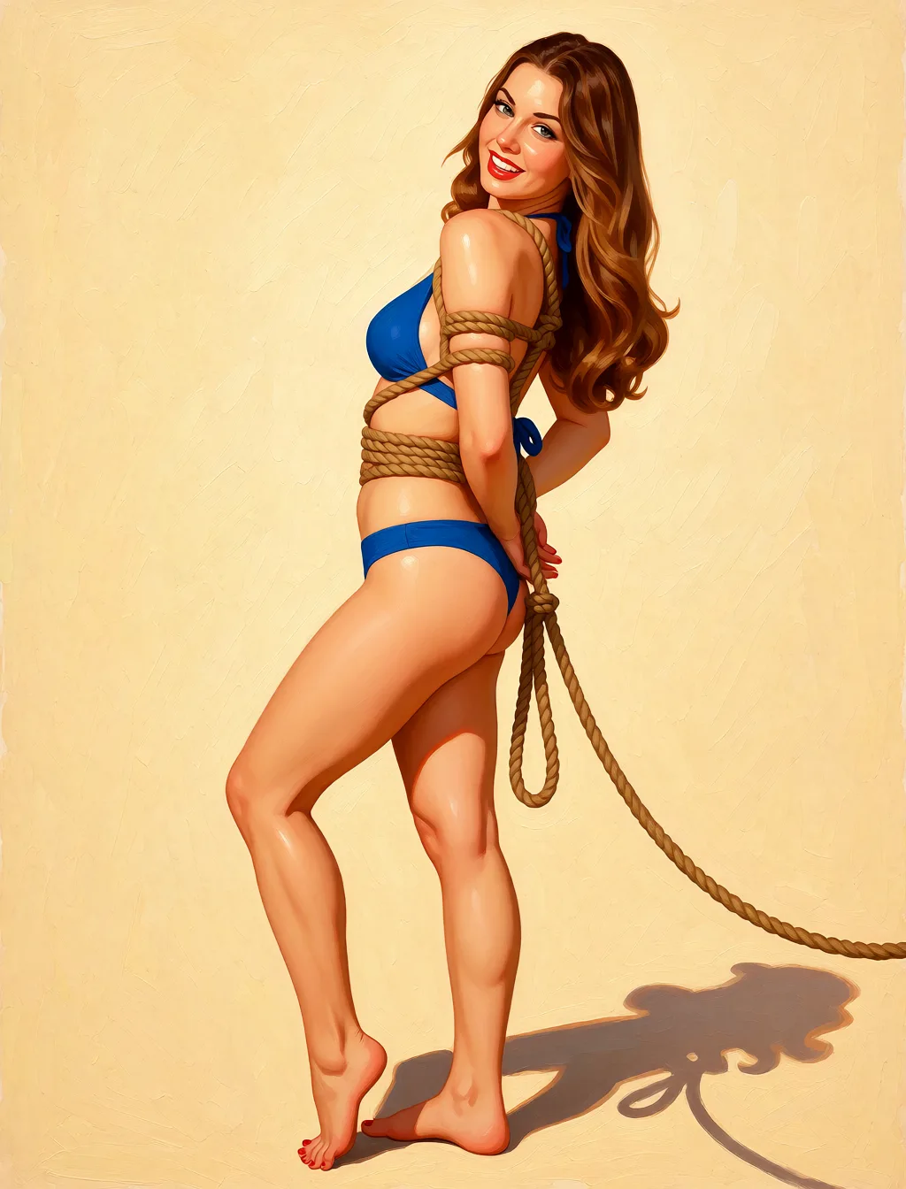 Redraw the entire picture as a retro pin-up illustration: smooth airbrushed gouache paint, warm saturated mid-century colour, clean confident outlines and glamorous stylised features, in the look of a 1950s pin-up poster. The background is painted in the same style. Nothing in the frame keeps its photographic appearance. Above all, the picture must show: rope, shibari, thong, leash.