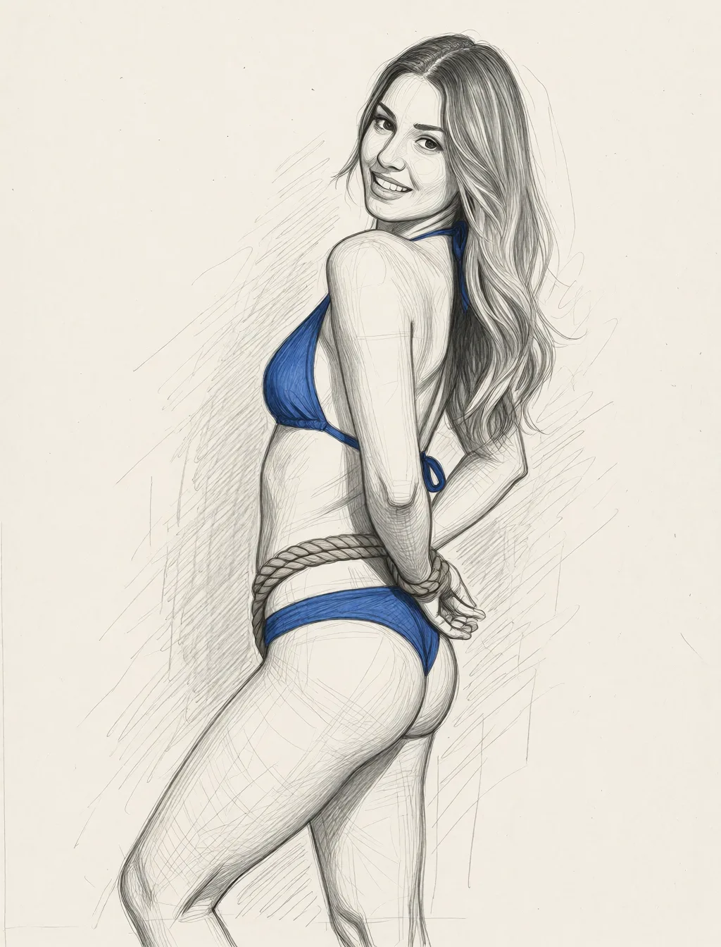 Redraw the entire picture as a hand-drawn graphite sketch on off-white paper: visible pencil strokes, cross-hatched shading, loose construction lines and no colour beyond the grey of the pencil and the tone of the paper. The background is drawn in the same style. Nothing in the frame keeps its photographic appearance. Above all, the picture must show: rope bondage thong.