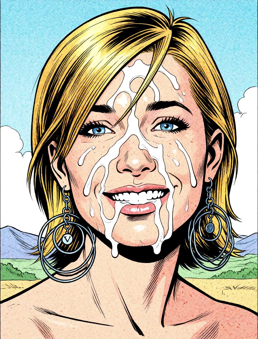 Redraw the entire picture as western comic-book art: heavy black inked outlines, hard-edged cel shading, limited high-contrast colour and visible halftone dot texture. The background is drawn in the same style. Nothing in the frame keeps its photographic appearance. Above all, the picture must show: cum on face.