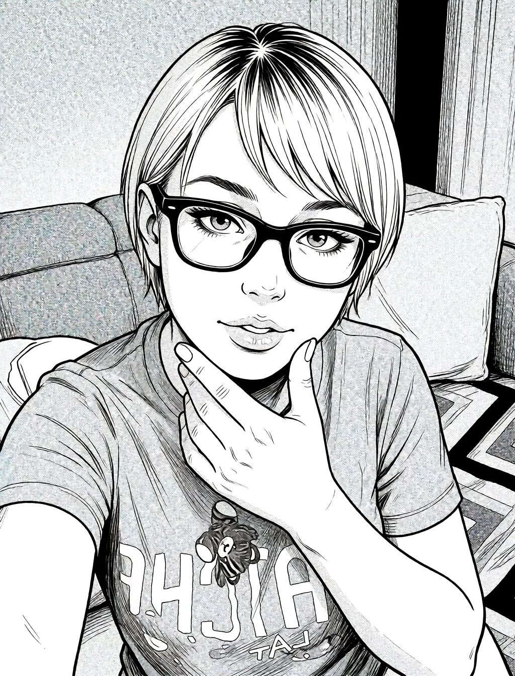 Redraw the entire picture as a black and white manga page: crisp black ink line art, no colour anywhere, flat halftone screentone shading, hatched shadows and clean white highlights, in the look of a printed manga panel. The background is drawn in the same style. Nothing in the frame keeps its photographic appearance. Above all, the picture must show: Делает минет.