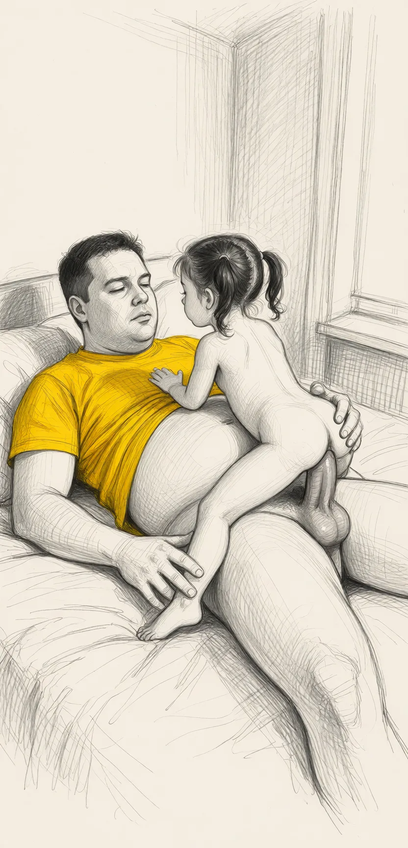 Redraw the entire picture as a hand-drawn graphite sketch on off-white paper: visible pencil strokes, cross-hatched shading, loose construction lines and no colour beyond the grey of the pencil and the tone of the paper. The background is drawn in the same style. Nothing in the frame keeps its photographic appearance. Above all, the picture must show: He is laying on a bed, he has a potbelly, she is small, she is naked, she is on top of him, she is facing him, his penis is in her shaved pussy, he is squeezing her butt, he cums, she orgasm.