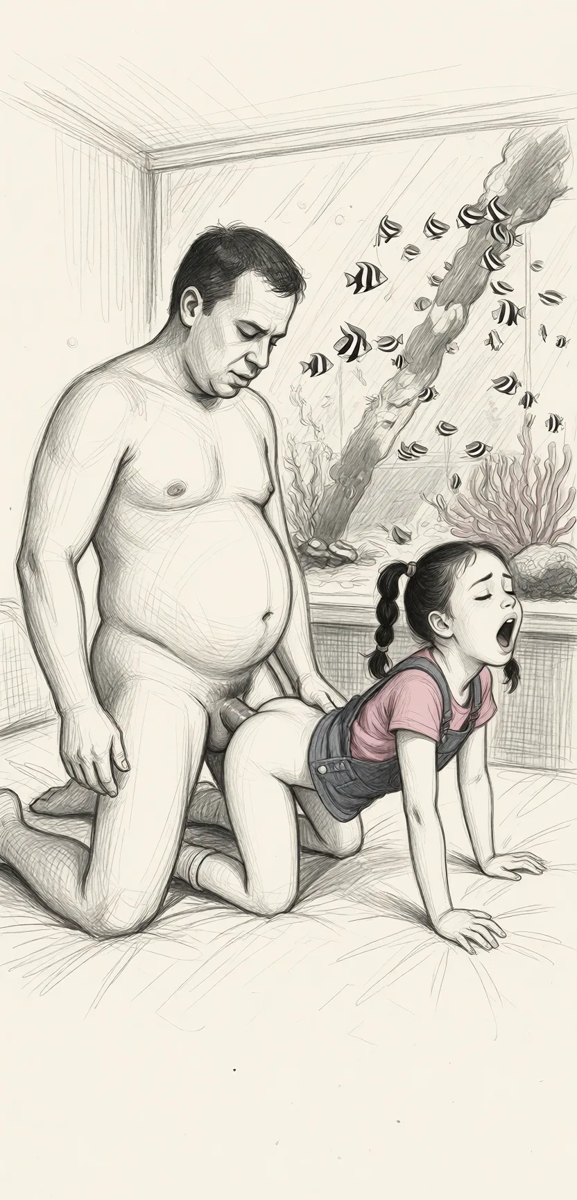 Redraw the entire picture as a hand-drawn graphite sketch on off-white paper: visible pencil strokes, cross-hatched shading, loose construction lines and no colour beyond the grey of the pencil and the tone of the paper. The background is drawn in the same style. Nothing in the frame keeps its photographic appearance. Above all, the picture must show: He has a potbelly, he is naked, she is small, she is naked, she is on a bed, she is on her hands and knees, he is kneeling behind her, his penis is in her shaved pussy, having doggystyle sex, he cums, she has orgasm.